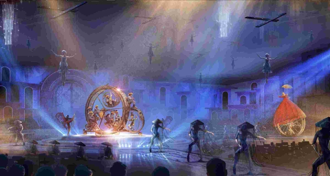 Phối cảnh kh&ocirc;ng gian diễn ra dinner show với sức chứa 2.000 chỗ ngồi, s&acirc;n khấu đa tầng c&ugrave;ng nhiều c&ocirc;ng nghệ hiện đại. Ảnh: Sun Group
